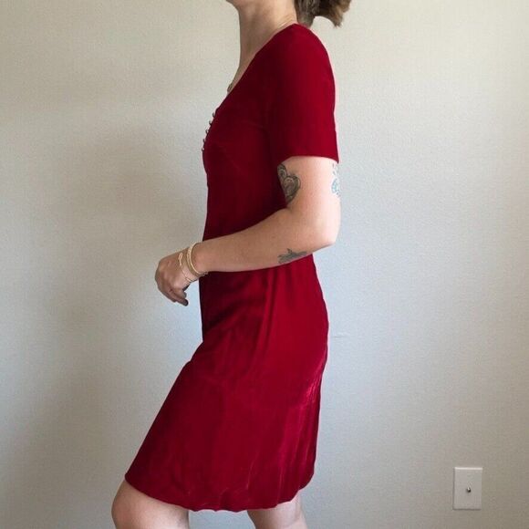 Vintage 90s Womens Red Velvet Vamp Holiday Cocktail Christmas Mini Dress Sz S - Picture 3 of 7